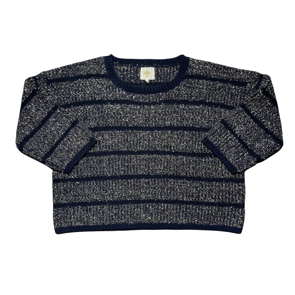 HWR Anthropologie Navy Blue Metallic Crewneck Sweater L